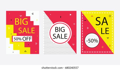 Set of flat geometric vector templates. Banner for printing. Bright flyers, web posters, Sale, advertising, special offers, social networks. Colorful illustration for your design.