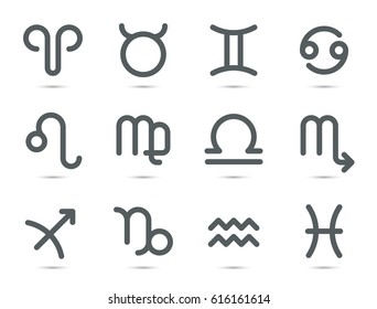 Set of flat geometric zodiac symbols with shadow on white background