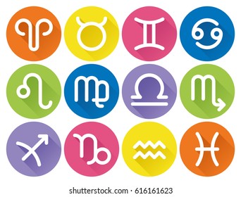 Set of flat geometric zodiac symbols with long shadow in vibrantly colored circles