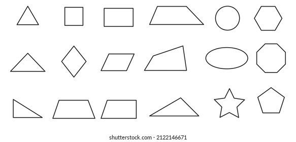 ein Satz flachgeometrisch isolierter Figuren auf weißem Hintergrund, ein Poster, eine visuelle Hilfe, eine Vorlage für didaktisches Material