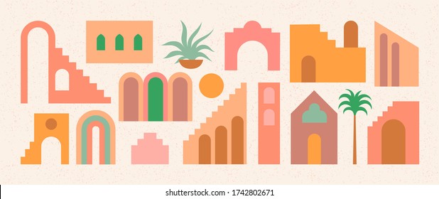 Set of flat geometry architecture elements, Moroccan stairs, walls, arch, arc, palm. Boho style. Mid Century modern abstract print. Earthy tone, terracotta colors. Contemporary aesthetic background.