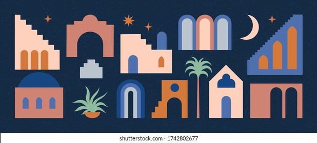 Set of flat geometry architecture elements, Moroccan stairs, walls, arch, arc, palm. Boho style. Mid Century modern abstract print. Earthy tone, terracotta colors. Contemporary aesthetic background.