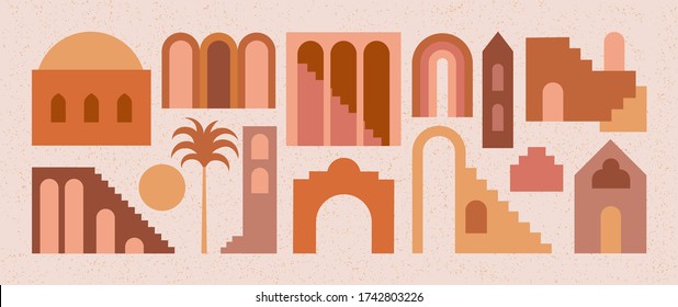 Set of flat geometry architecture elements, Moroccan stairs, walls, arch, arc, palm. Boho style. Mid Century modern abstract print. Earthy tone, terracotta colors. Contemporary aesthetic background.