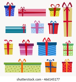 Set of flat gifts box for birthday present with different pattern. vector illustration
