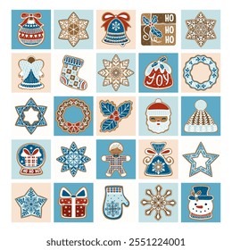 Set of flat gingerbread cookie icons.  Christmas vector elements in retro style for illustration, cards, banners and holiday backgrounds.