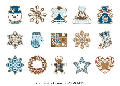 Set of flat gingerbread cookies.  Christmas vector elements in retro style for illustration, cards, banners and holiday backgrounds. Festive decorations.