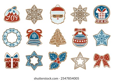 Set of flat gingerbread cookies.  Christmas vector elements in vintage style for illustration, cards, banners and holiday backgrounds. Festive decorations. Delicious homemade sweet.