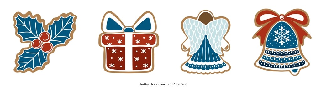 Set of flat gingerbread cookies.  Christmas vector elements in retro style for illustration, cards, banners and holiday backgrounds. Festive decorations.  Angel, holly, gift box, bell