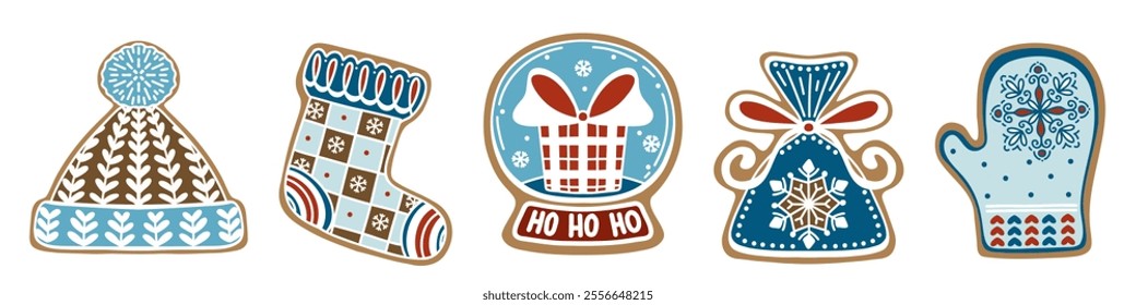 Set of flat gingerbread cookies.  Christmas vector elements in retro style for illustration, cards, banners and holiday backgrounds.  Delicious homemade sweet. 