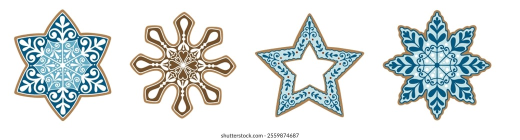 Set of flat gingerbread cookies.  Christmas vector elements in retro style for illustration, cards, banners and holiday backgrounds. Festive stars and snowflakes decorations. Delicious homemade sweet.