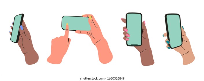 Juego de manos llanas de chicas que tienen smartphones . Comunicación, concepto de redes sociales. Ilustración vectorial estilizada a mano para aplicaciones móviles o sitios web y diseño de banners