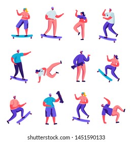 Set of Flat Girls and Boys Skateboarding Characters. Cartoon People Teenagers Male and Female Riding Skate Board, Dancing, Jumping, Youth Urban Culture. Vector Illustration.