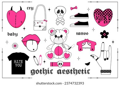 Set of flat girly stickers. Teddy Bear toy, hand, hearts and other elements in trendy emo goth. Gothic aesthetic in y2k, 90s, 00s and 2000s style. Pink, black, white colors. Vector illustration
