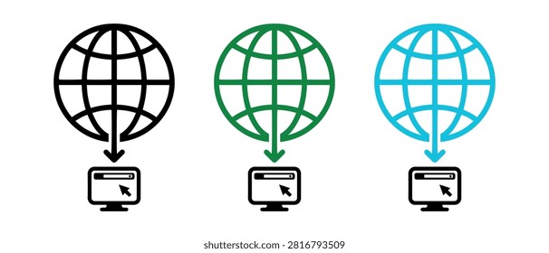 Set of flat globe vector icons with downward arrow pointing to a desktop computer monitor showing a browser window and cursor
