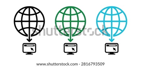 Set of flat globe vector icons with downward arrow pointing to a desktop computer monitor showing a browser window and cursor