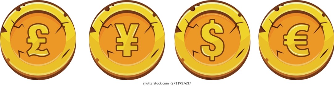 set of flat gold coins icons with cracks with signs denoting different currencies of the world, for slots in gambling games, banks or thematic designs