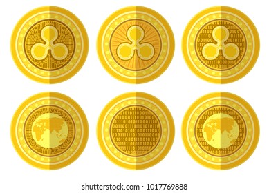 Set of flat golden coin with bit coin ripple sign back and front side. Vector Illustration isolated on white background svg