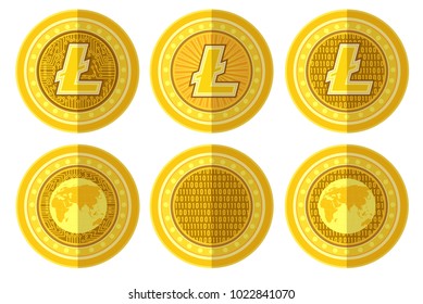 Set of flat golden coin with bitcoin litecoin ltc sign back and front side. Vector Illustration isolated on white background svg