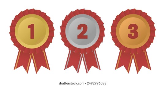 Set of flat golden, silver, bronze medal 1st, 2nd, 3rd place in the ranking with red bow and ribbons. Award isolated on white background. Vector illustration EPS10