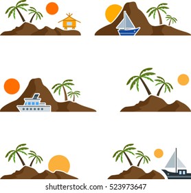 Set of flat graphic island with palm trees