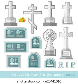 Set of flat grave and crosses different style for cemetery vector illustration
