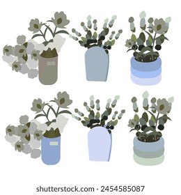Set of flat green flowers in various beautiful vases, home comfort, flower decorations for home, house plants in boho style