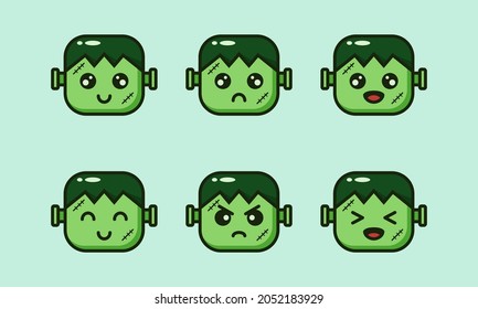 Set Flat Green Square Zombie Face Illustration With Emoticon