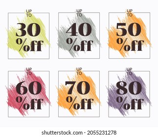 Set of flat grunge design sale stickers. Vector illustrations for online shopping, product promotions, website and mobile website badges, ads, print material