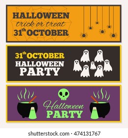 Set of flat halloween cards and banners for web, printing materials, apps etc. Simple solutions for halloween party invitations, cards, posters, flyers.