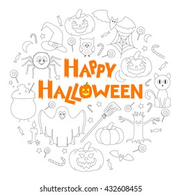 Set of Flat Halloween Icons in the Form of Circle with Congratulations. Vector Illustration.