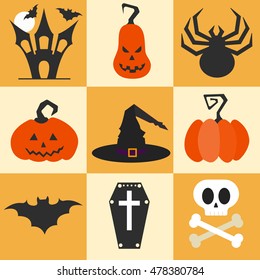Set of flat halloween icons. Vector illustration. Halloween pumpkin autumn icon.