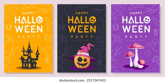 Set of flat Halloween party posters with halloween smiling pumpkin, fly agaric and spooky castle. Halloween spooky background. Vector illustration