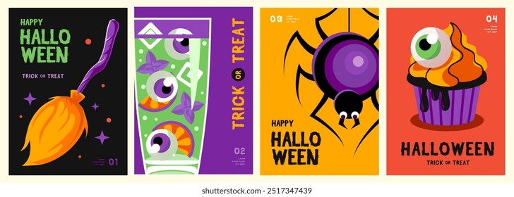 Conjunto de carteles planos de fiesta de Halloween con escoba de bruja, cóctel, araña y magdalena. Fondo espeluznante de Halloween. Ilustración vectorial