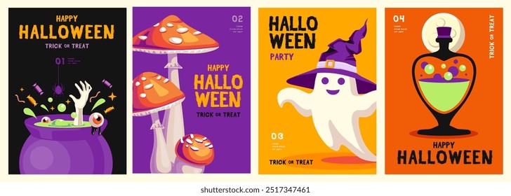 Set of flat Halloween party posters with cauldron, fly agaric, ghost in hat and magic potion. Halloween spooky background. Vector illustration