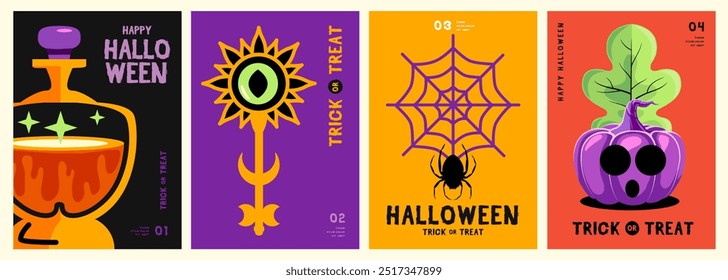 Set of flat Halloween party posters with spider web, halloween pumpkin, magic potion and key. Halloween spooky background. Vector illustration