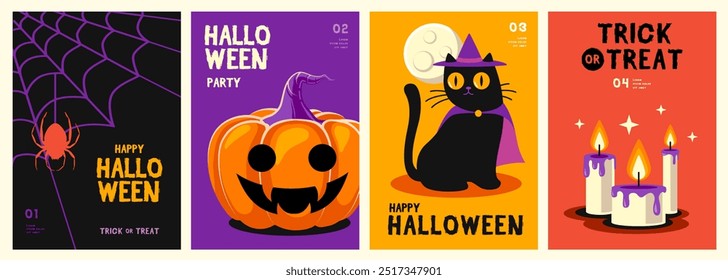 Set of flat Halloween party posters with spider web, halloween pumpkin, black cat in hat and burning candles. Halloween spooky background. Vector illustration