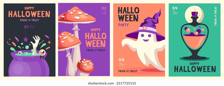 Set of flat Halloween party posters with cauldron, fly agaric, ghost in hat and magic potion. Halloween spooky background. Vector illustration