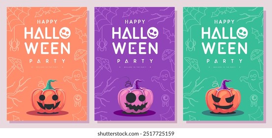 Conjunto de carteles planos de fiesta de Halloween con calabazas sonrientes de halloween. Fondo espeluznante de Halloween. Ilustración vectorial