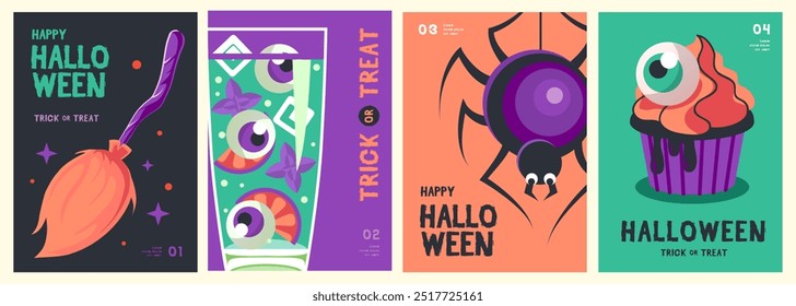 Set of flat Halloween party posters with witch broom, cocktail, spider and cupcake. Halloween spooky background. Vector illustration