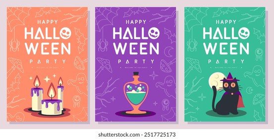 Set of flat Halloween party posters with halloween black cat, magic potion and burning candles. Halloween spooky background. Vector illustration