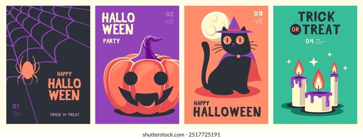 Set of flat Halloween party posters with spider web, halloween pumpkin, black cat in hat and burning candles. Halloween spooky background. Vector illustration