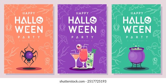 Set of flat Halloween party posters with spider, cauldron with magic potion and cocktails. Halloween spooky background. Vector illustration