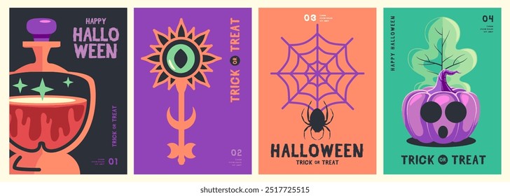 Set of flat Halloween party posters with spider web, halloween pumpkin, magic potion and key. Halloween spooky background. Vector illustration