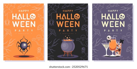 Set of flat Halloween party posters with spider, cauldron with magic potion and cocktails. Halloween spooky background. Vector illustration