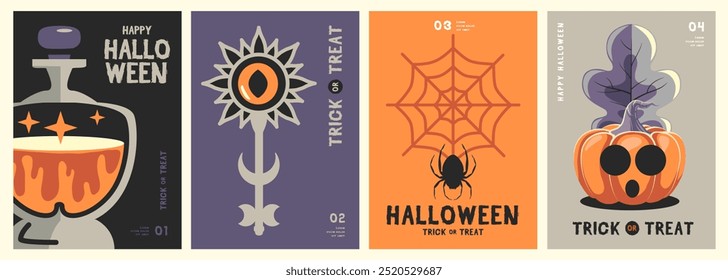 Set of flat Halloween party posters with spider web, halloween pumpkin, magic potion and key. Halloween spooky background. Vector illustration