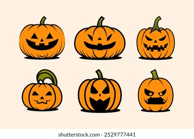 Set of flat Halloween Pumpkin Vector Art Illustration, a pattern of pumpkin faces Halloween background with orange pumpkin