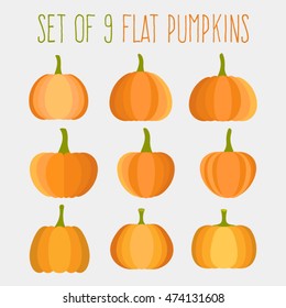 Set of flat halloween pumpkins for party cards and banners for web, printing materials, apps etc. Simple solutions for seasonal pumpkins and halloween party invitations.