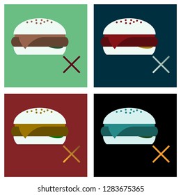 Set of Flat Hamburger Classic Burger American Cheeseburger with Lettuce Tomato Onion Cheese Beef and Sauce