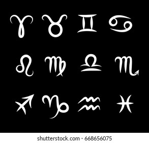 Set of flat hand drawing zodiac symbols, white on the black background