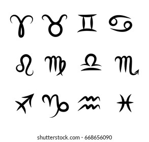 Set of flat hand drawing zodiac symbols, black on the white background